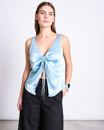 RUFFLED V-NECK TOP TALARA RETRO BLUE