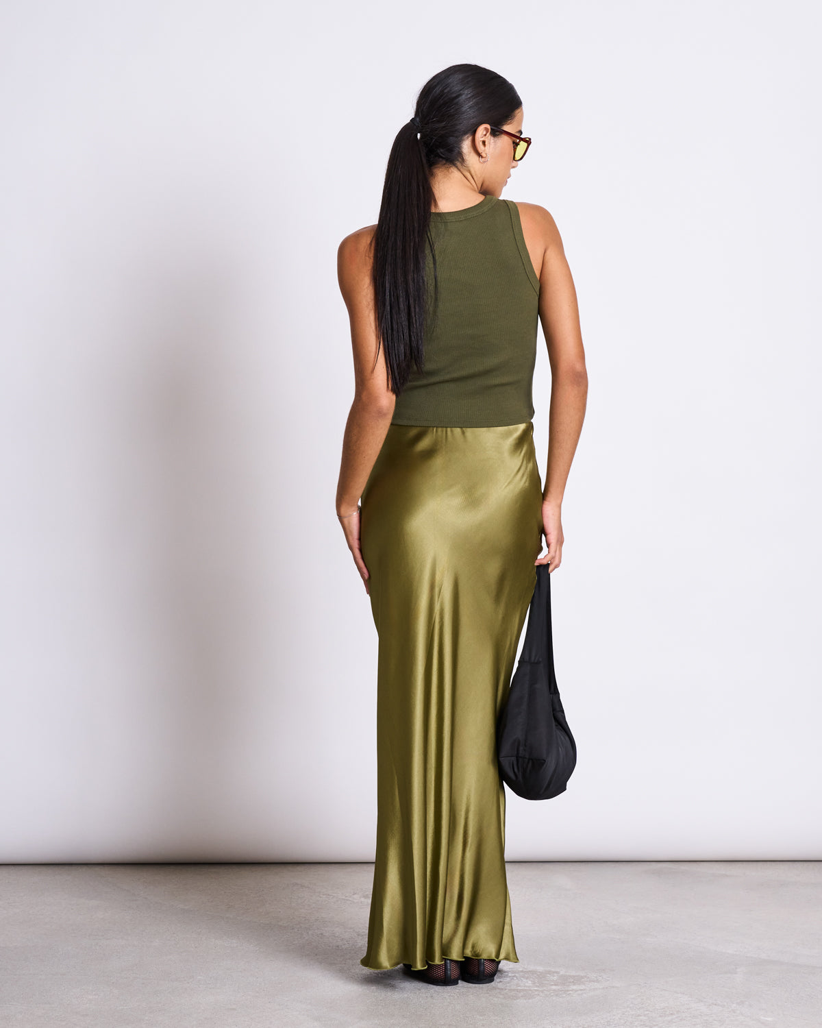 MAXI SATIN SKIRT SERIN WOODY OLIVE – JAN 'N JUNE