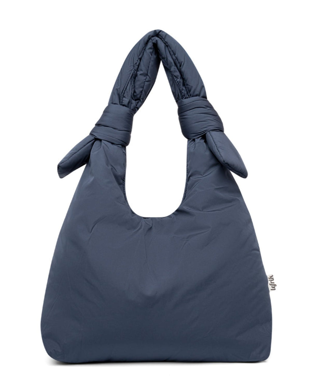 The BAG BIWA PUFFY REGULAR MAIBON by jan-n-june is a dark blue, quilted vegan bag with knotted handles, shown standing upright against a white background.