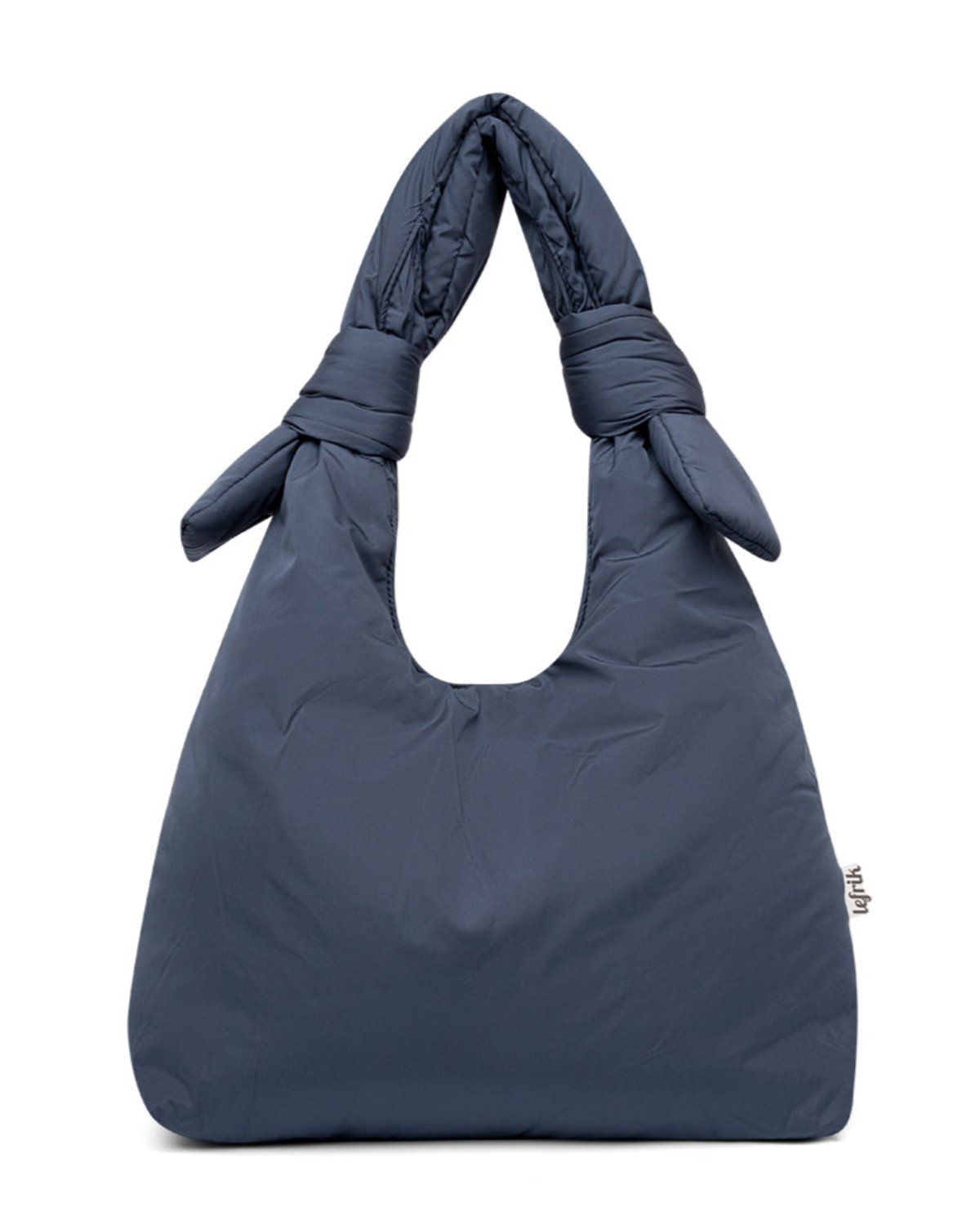 The BAG BIWA PUFFY REGULAR MAIBON by jan-n-june is a dark blue, quilted vegan bag with knotted handles, shown standing upright against a white background.