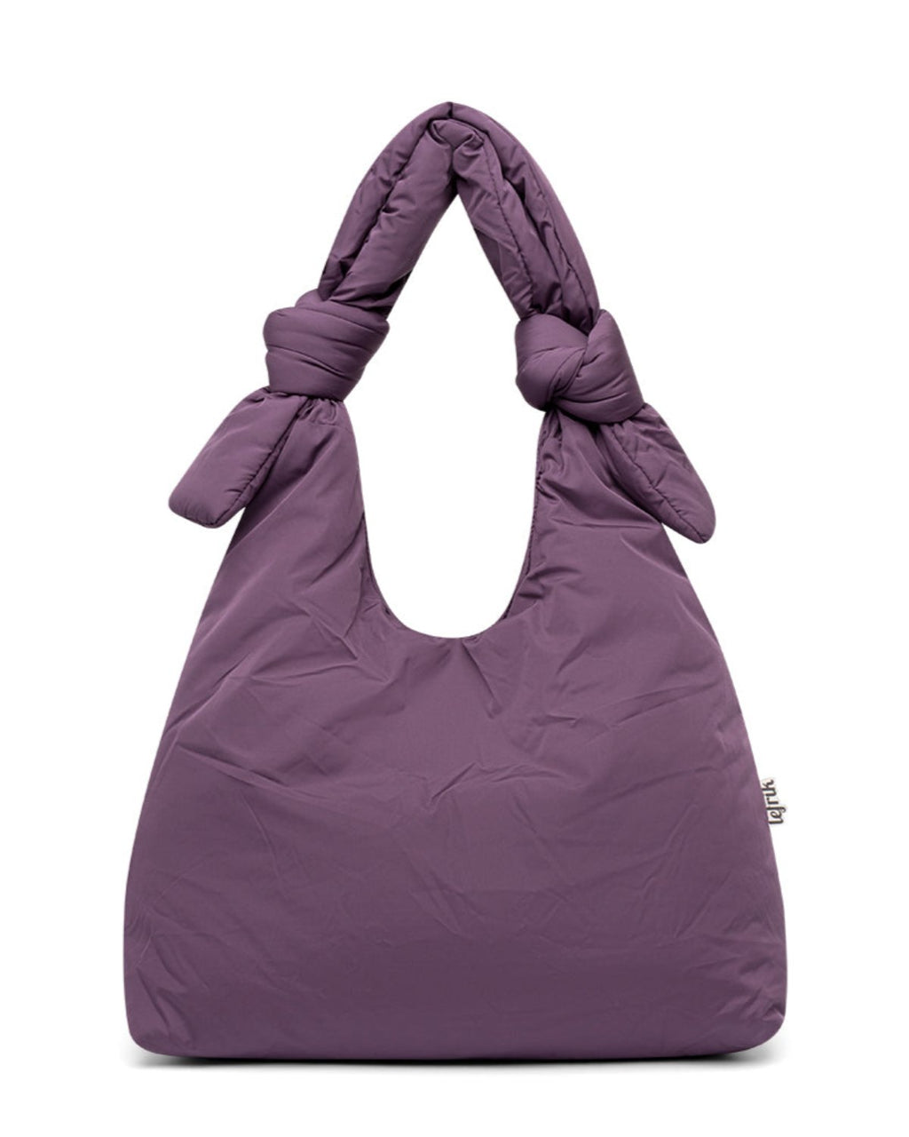 The BAG BIWA PUFFY REGULAR PLUM from jan-n-june is a large, purple tote with two knotted handles, made from recycled plastic fabric. It features a minimalist quilted design, smooth wrinkled texture, and a small side fabric tag.