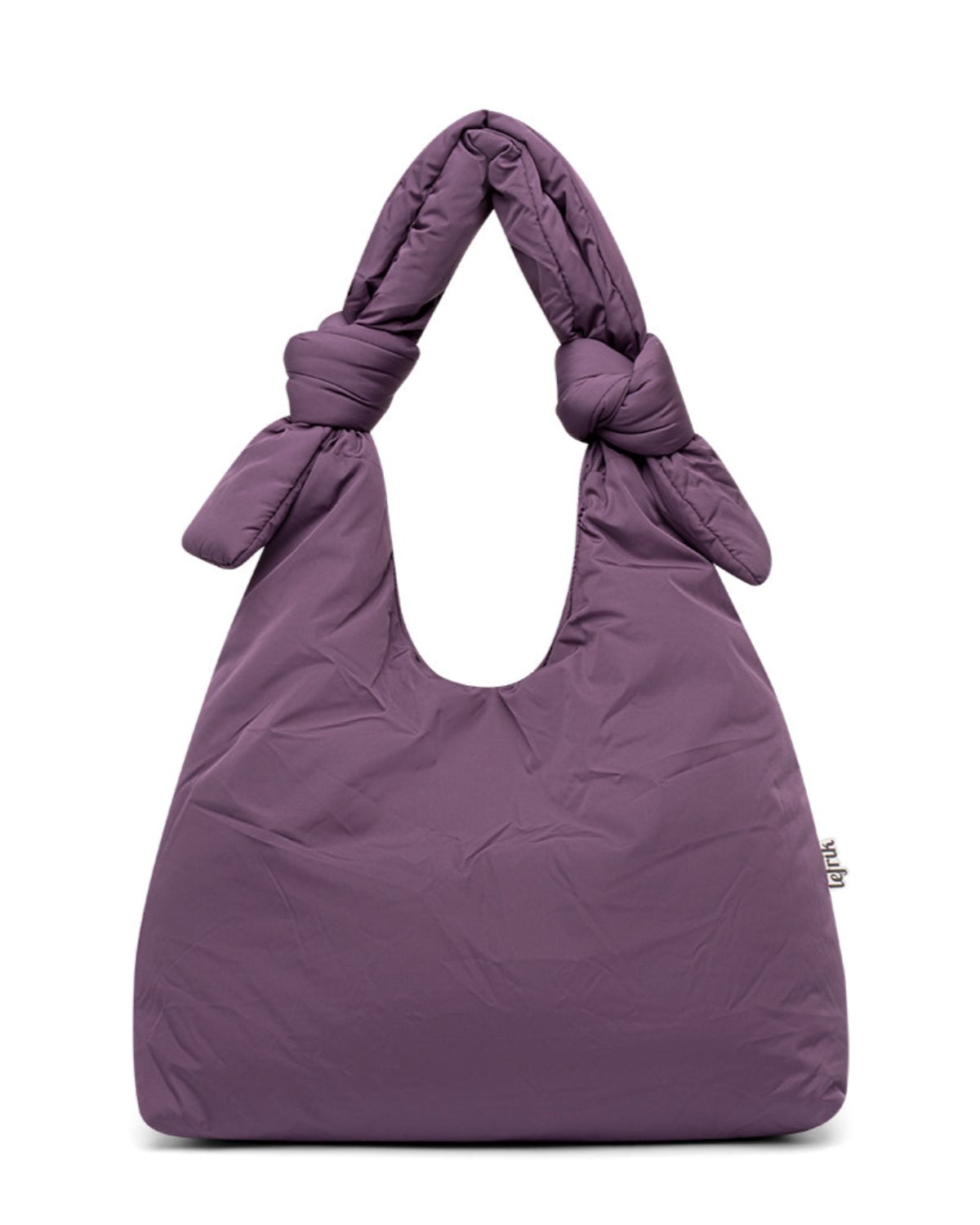 The BAG BIWA PUFFY REGULAR PLUM from jan-n-june is a large, purple tote with two knotted handles, made from recycled plastic fabric. It features a minimalist quilted design, smooth wrinkled texture, and a small side fabric tag.