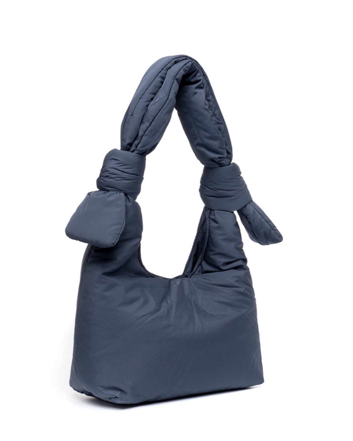 The jan-n-june BAG BIWA PUFFY MINI MAIBON is a dark gray, padded mini shoulder bag with a soft, structured shape and two large knots on its thick handle, crafted from quilted RPET fabric and shown upright on a white background.