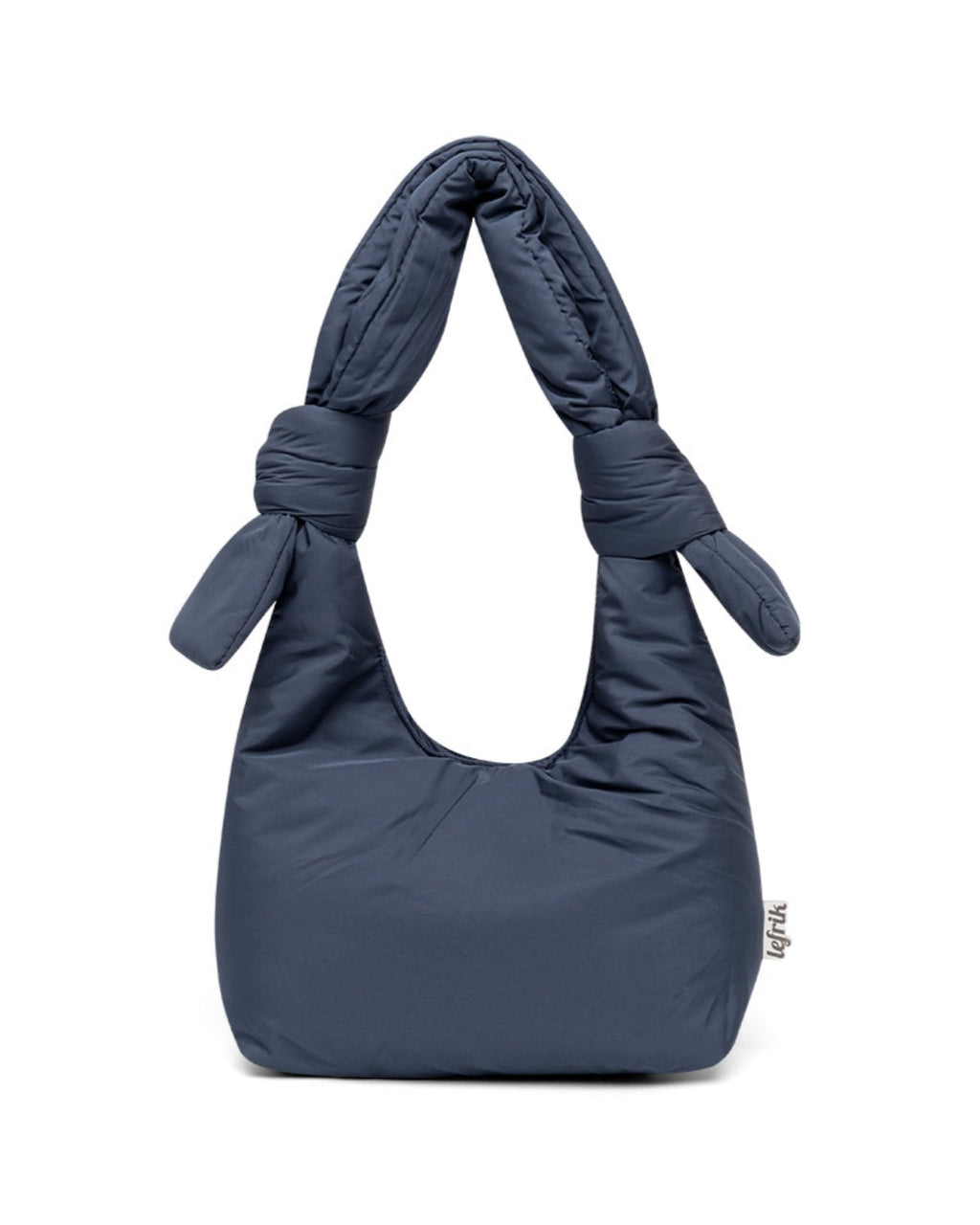 The jan-n-june BAG BIWA PUFFY MINI MAIBON is a dark blue mini shoulder bag made from quilted RPET fabric with a soft, puffy texture and knotted handles. A small fabric tag accents the lower right side. Displayed against a white background.