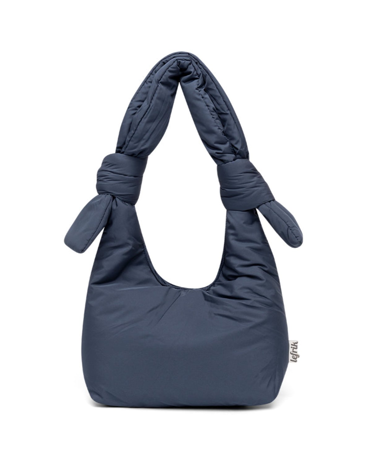 The jan-n-june BAG BIWA PUFFY MINI MAIBON is a dark blue mini shoulder bag made from quilted RPET fabric with a soft, puffy texture and knotted handles. A small fabric tag accents the lower right side. Displayed against a white background.