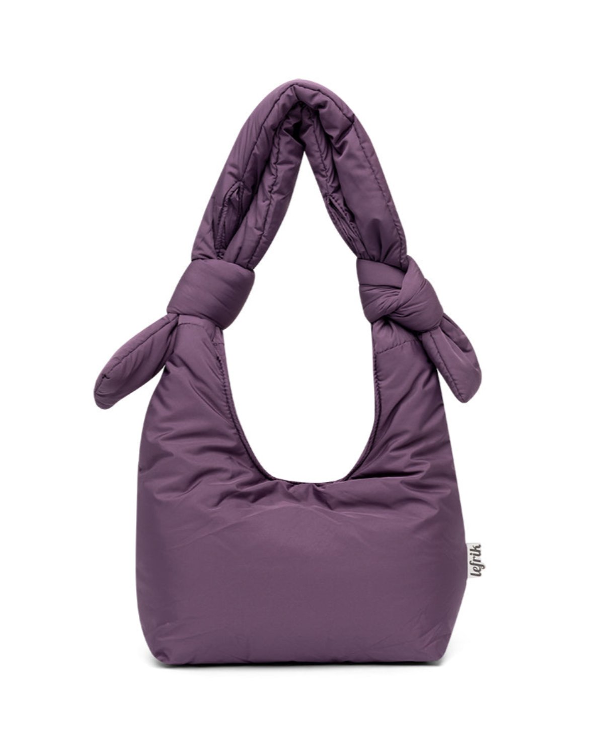 The BAG BIWA PUFFY MINI PLUM by jan-n-june is a purple, quilted RPET mini bag with a soft, padded texture, two knotted handles, and a small fabric tag on the right side.