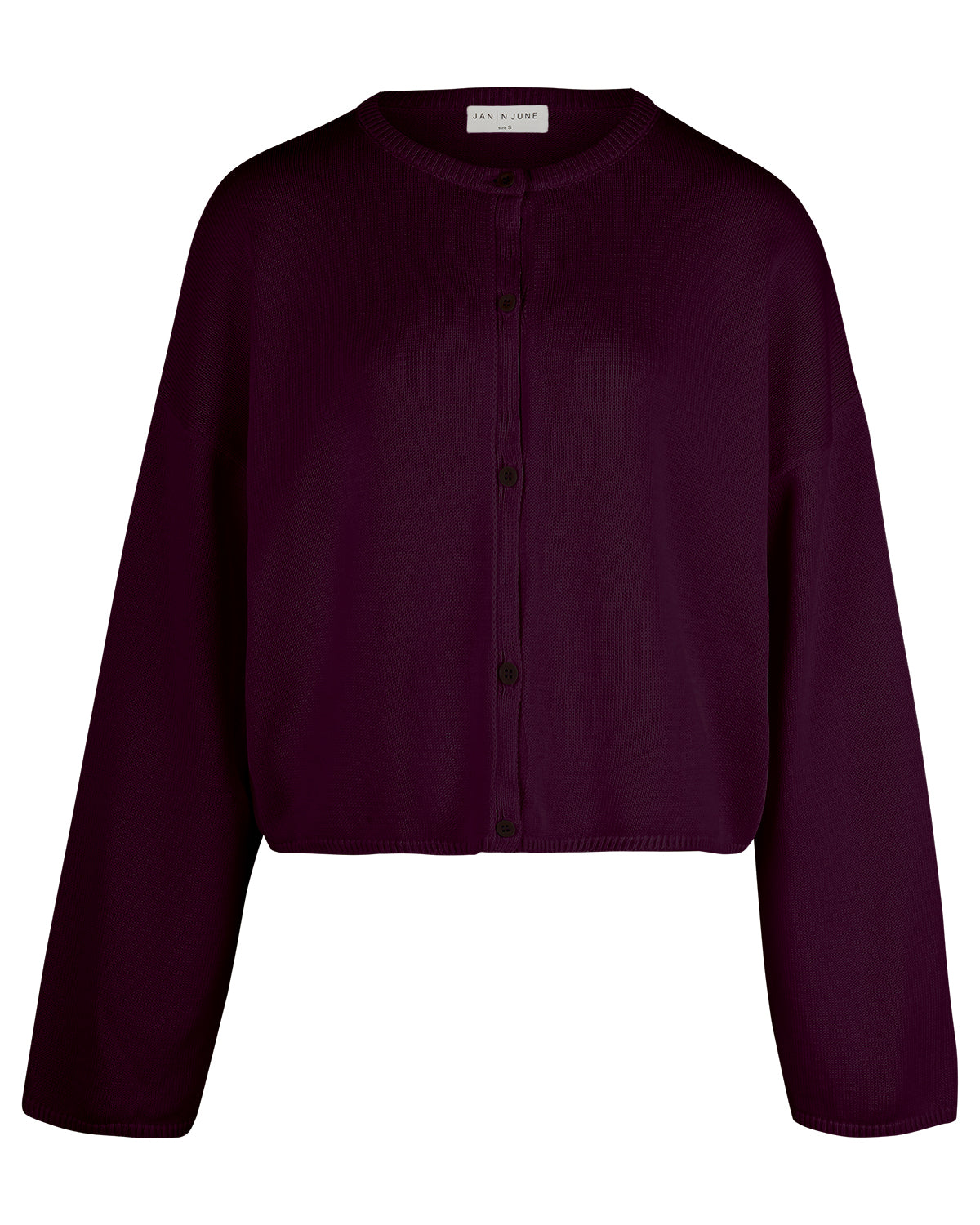 The jan-n-june LIGHT CARDIGAN ASAS CHERRY LACQUER GOTS is a cropped, long-sleeve, button-up cardigan in deep purple with a round neckline and relaxed fit, made from GOTS certified organic cotton and shown on a white background.