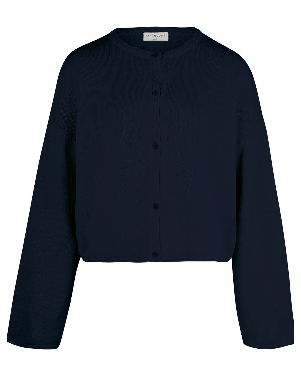 The jan-n-june LIGHT CARDIGAN ASAS NIGHTFALL GOTS is a navy blue, long-sleeve, cropped organic cotton cardigan with a round neckline and buttons, shown on a white background. GOTS-certified for comfortable and sustainable style.