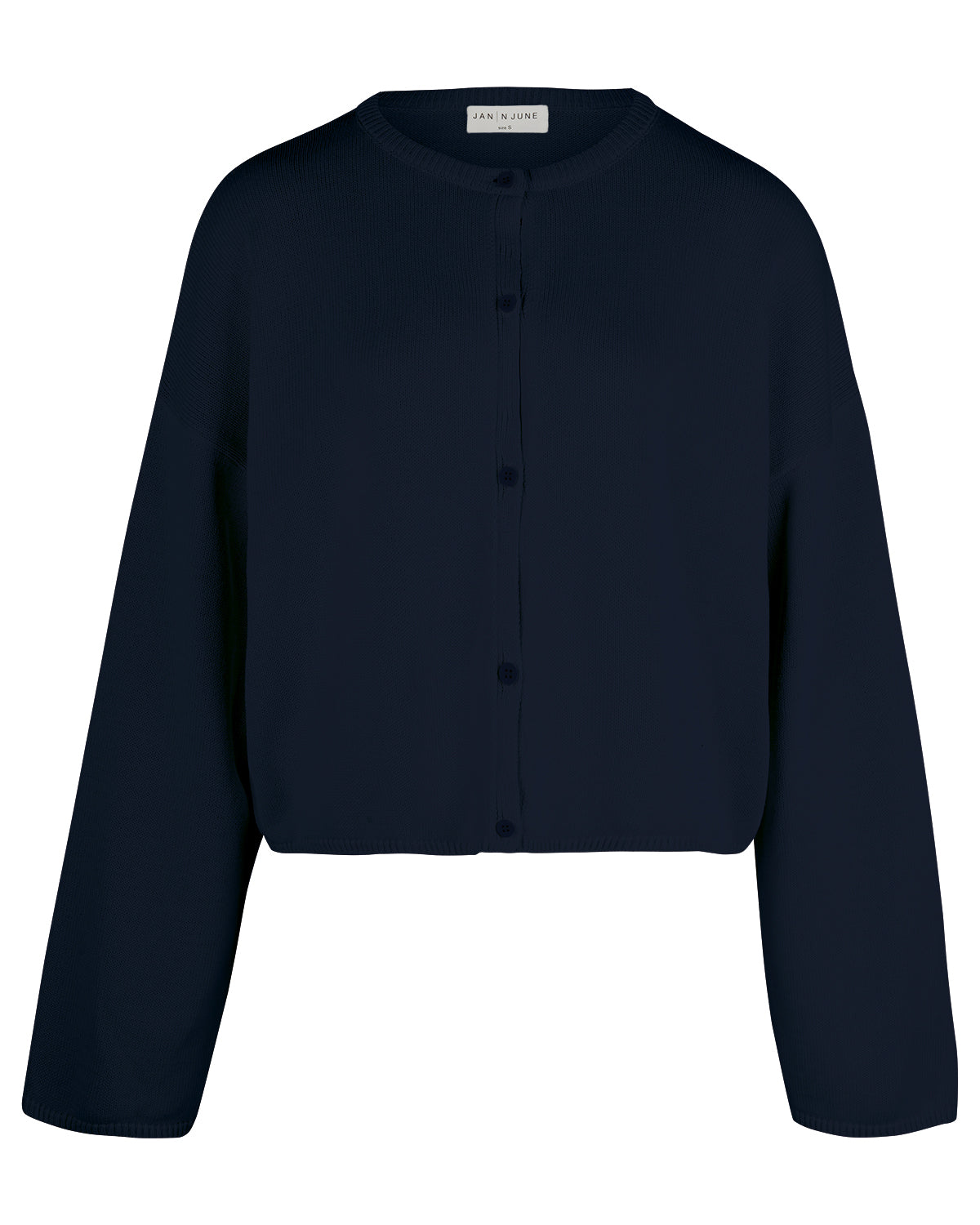 The jan-n-june LIGHT CARDIGAN ASAS NIGHTFALL GOTS is a navy blue, long-sleeve, cropped organic cotton cardigan with a round neckline and buttons, shown on a white background. GOTS-certified for comfortable and sustainable style.