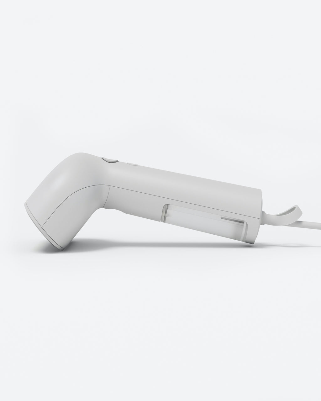 The jan-n-june STEAMERY CIRRUS X HANDHELD COTTON, featuring a sleek minimalist white design, lies on its side against a plain white background—ready to quickly de-wrinkle your clothes with ease.