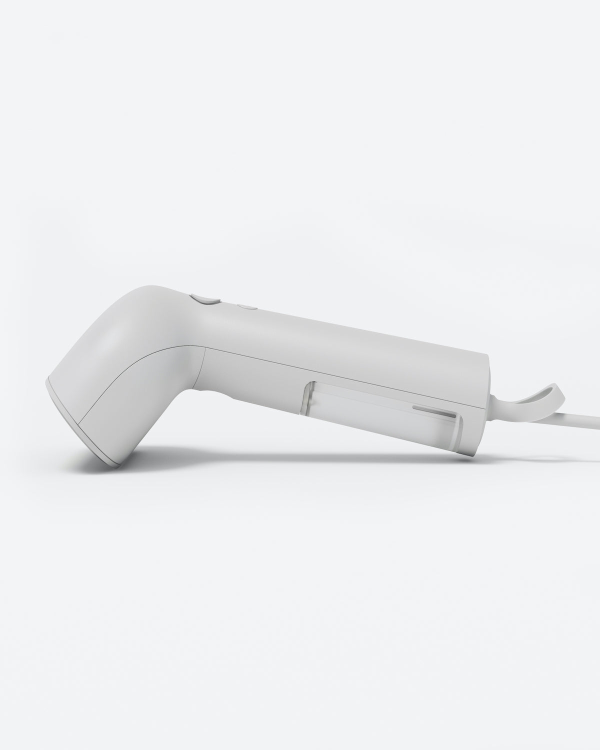 The jan-n-june STEAMERY CIRRUS X HANDHELD COTTON, featuring a sleek minimalist white design, lies on its side against a plain white background—ready to quickly de-wrinkle your clothes with ease.