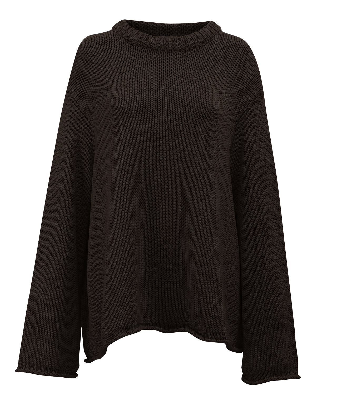 The jan-n-june JUMPER SONA CHOCOLATE GOTS is a loose-fitting, long-sleeve dark brown organic cotton jumper with a round ribbed neckline, shown on a plain white background.