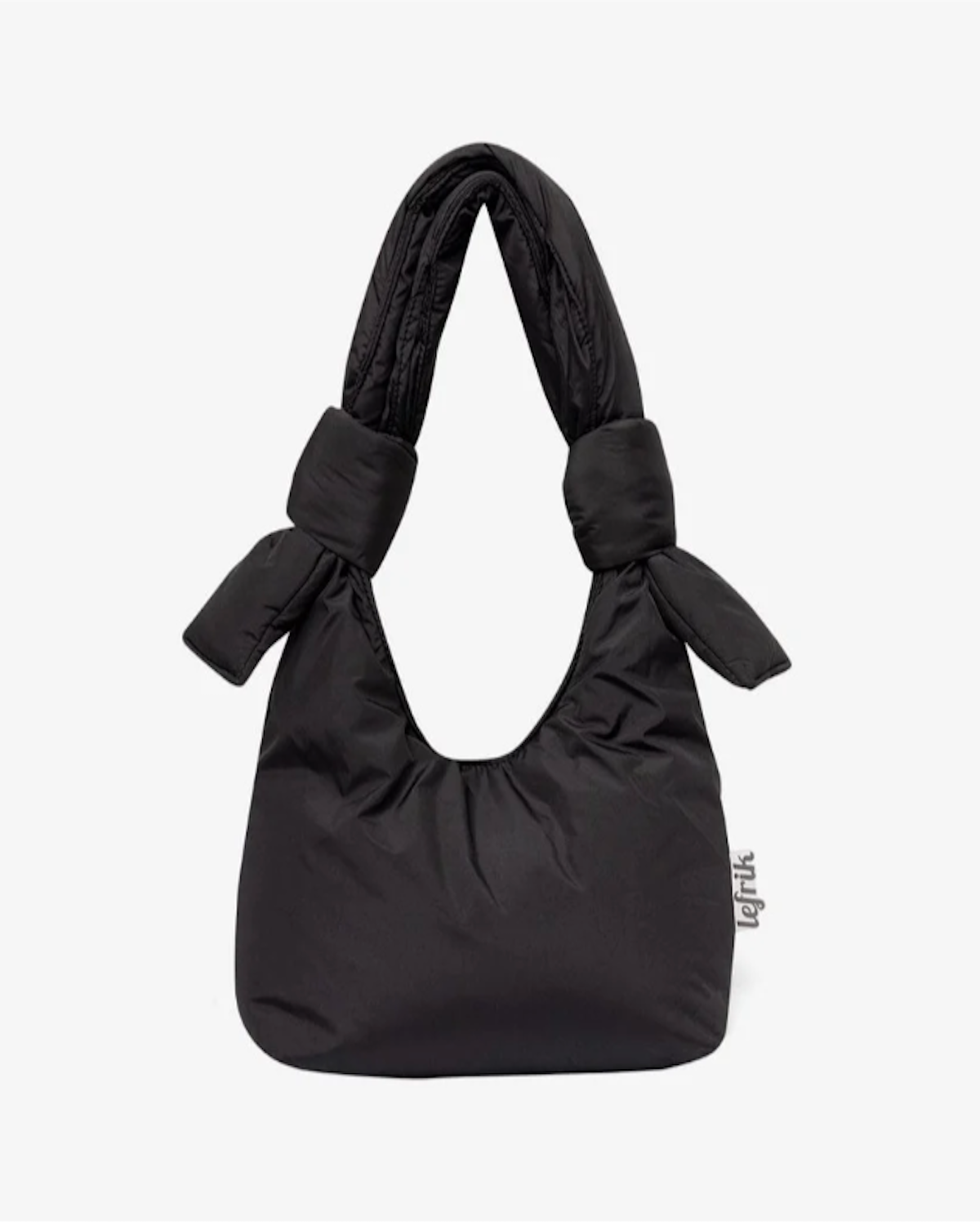 The BAG BIWA PUFFY MINI BLACK by jan-n-june is a black, soft handbag with a curved handle, knotted details, smooth water-repellent recycled fabric, large capacity, and a small side fabric tag.