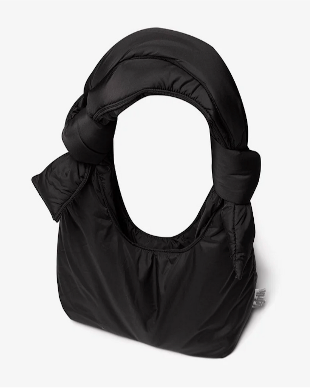 The BAG BIWA PUFFY MINI BLACK by jan-n-june is a black, quilted mini handbag with knotted handle details, crafted from recycled fabric and shown against a white background.