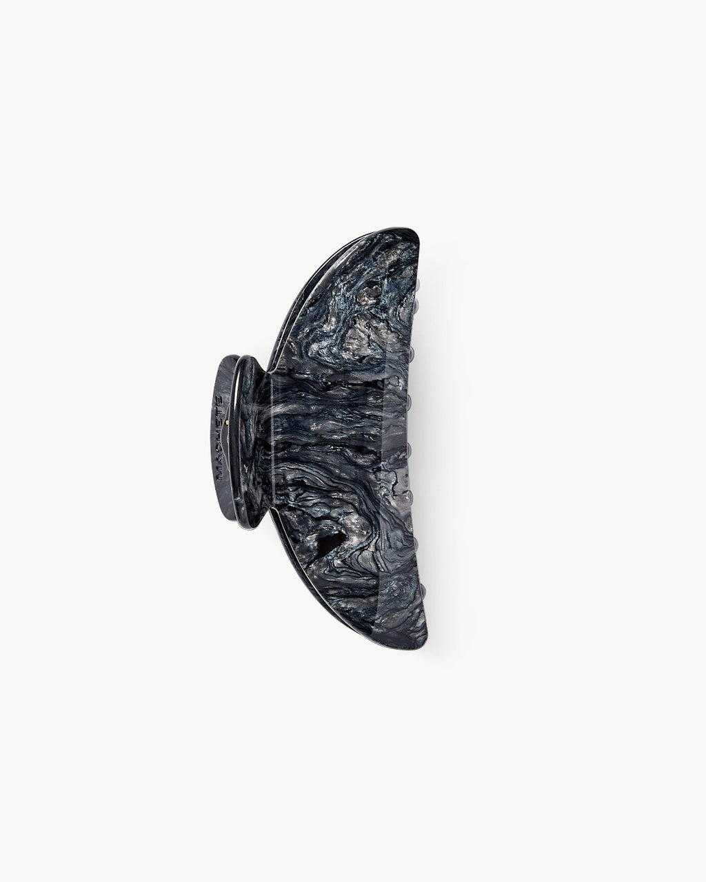 The jan-n-june MIDI HEIRLOOM CLAW OBSIDIAN is a marbled black and gray hair clip with a semi-circular, classy design, shown against a white background.