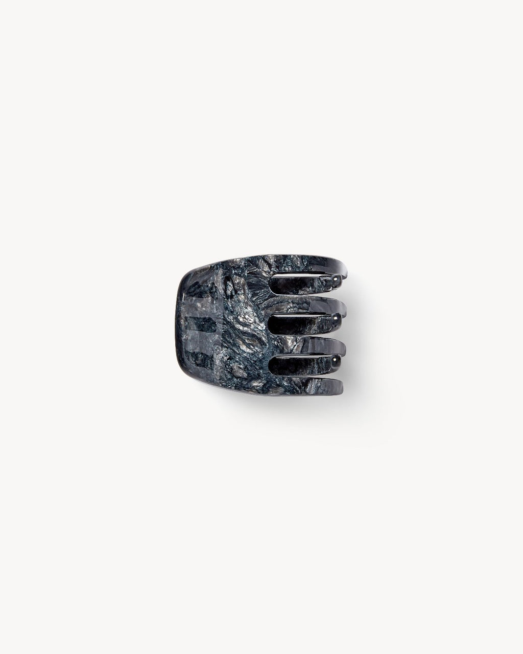 The jan-n-june MINI CLAW OBSIDIAN is a handcrafted, dark marbled hair claw made in Italy with a textured finish, displayed against a plain white background.