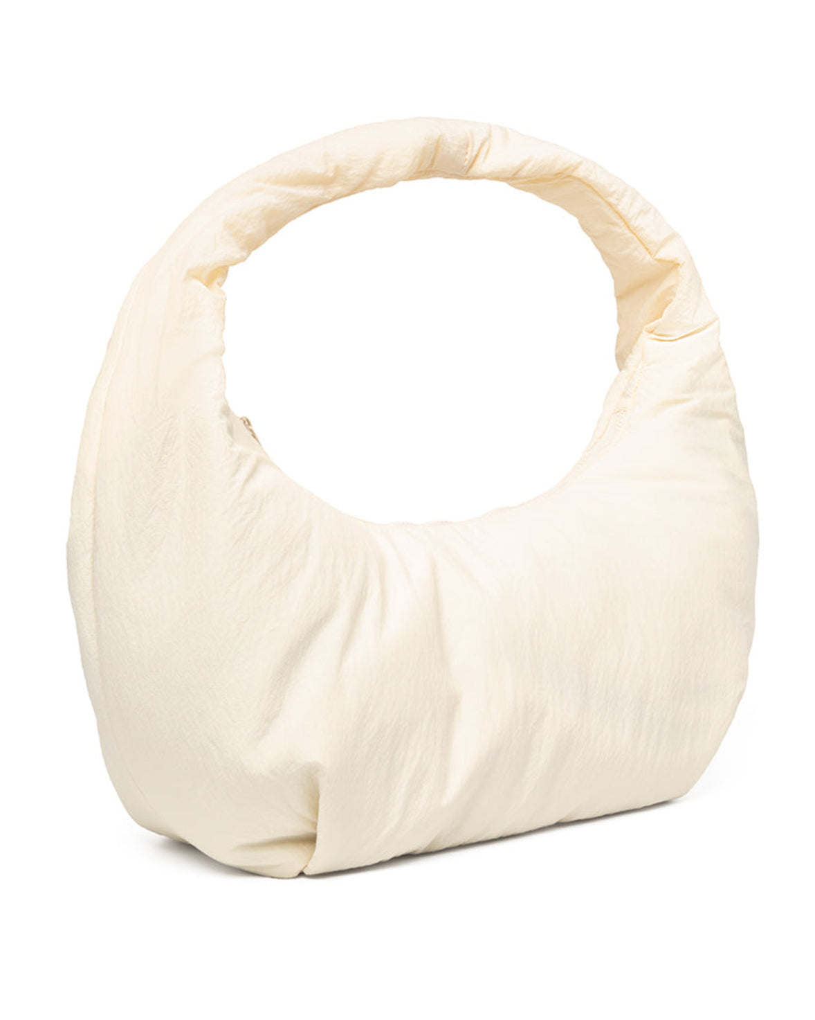 The BAG MYRA IVORY by jan-n-june is a soft, crescent-shaped off-white handbag with a thick padded handle and minimalist design, crafted from water-resistant recycled polyester.