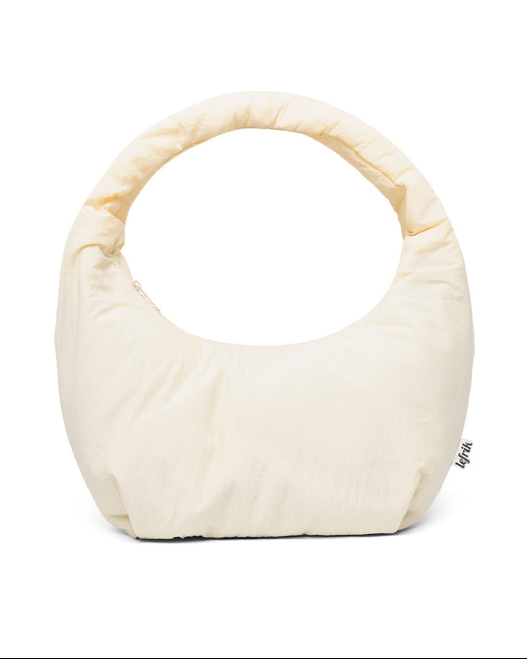 The BAG MYRA IVORY by jan-n-june is a cream-colored, padded handbag made from recycled polyester, featuring a round handle, soft texture, minimalist design, and a visible brand tag on the right side.