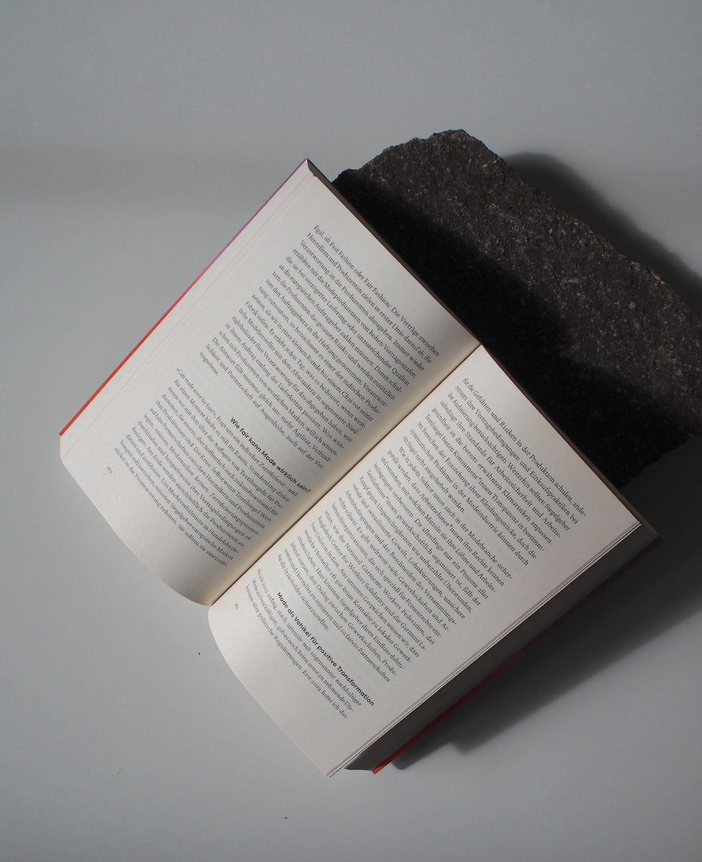 An open book lies flat on a light surface, its top edge against a dark stone. Shadows cross the text-filled pages, inviting thoughts of a climate-friendly future with jan-n-june’s UNLEARN CO2.
