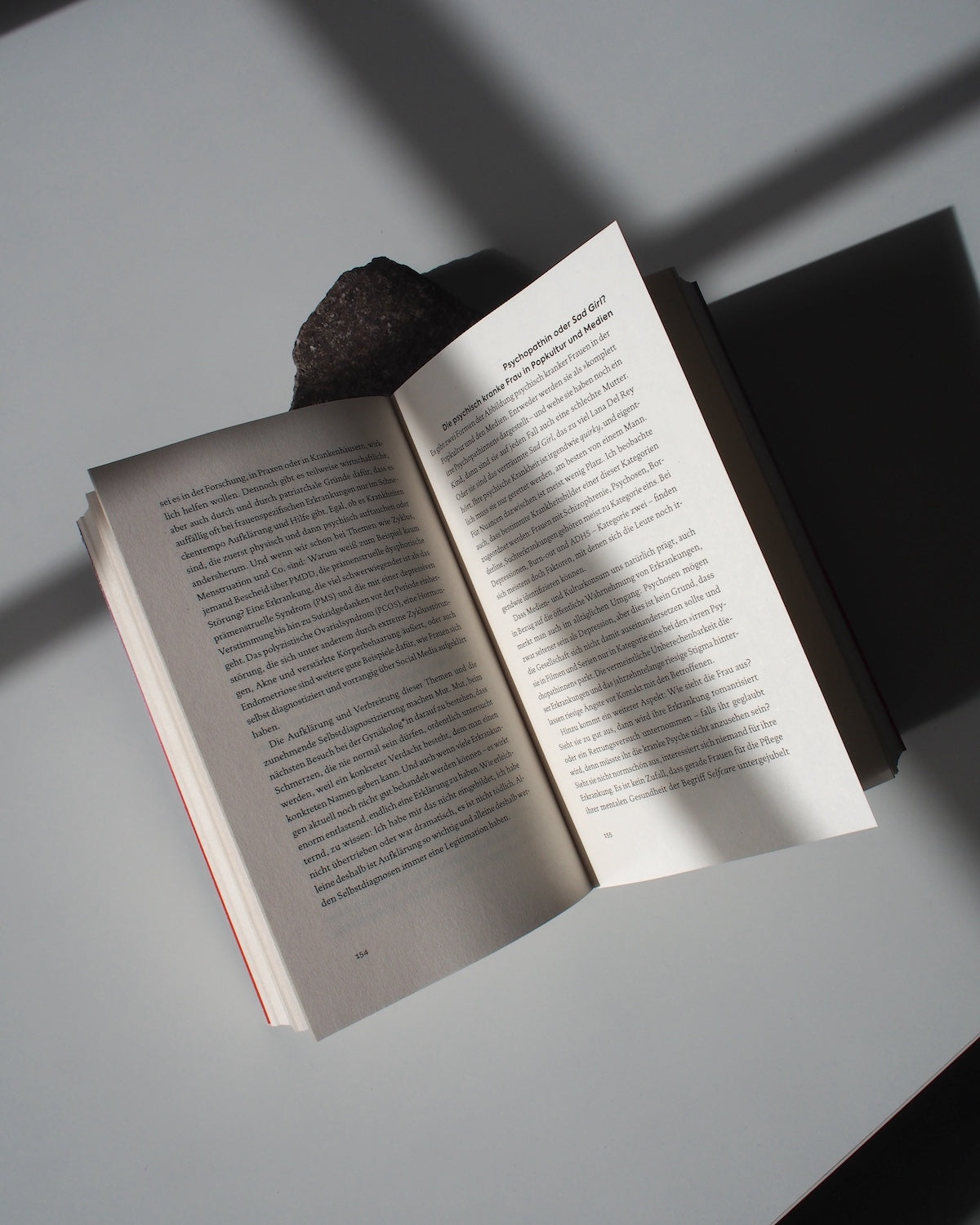 On a white surface, sunlight casts shadows across an open book—UNLEARN PATRIARCHY 2 by jan-n-june—held open by a dark stone, inviting readers to challenge old norms at the heart of its pages.