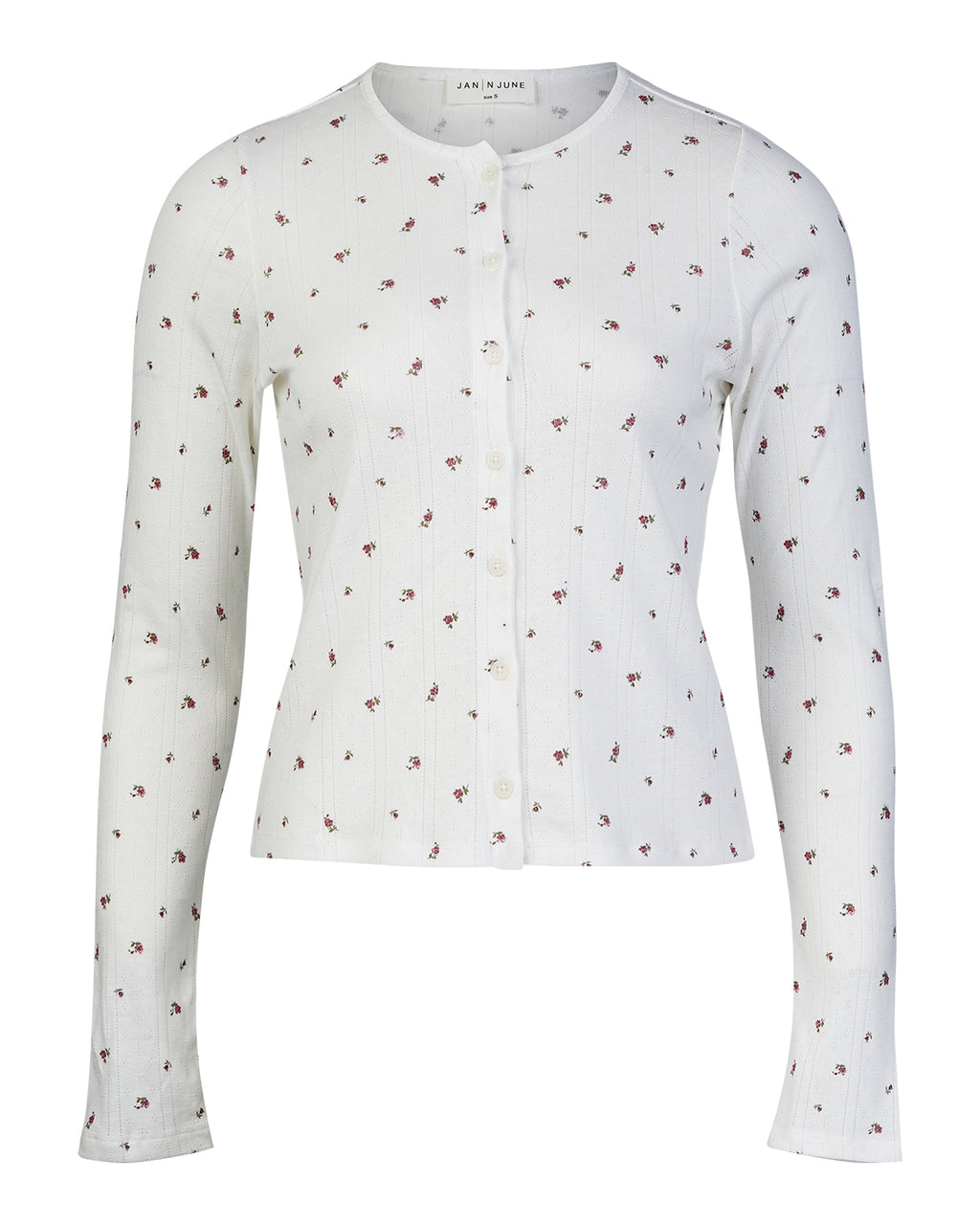 The jan-n-june POINTELLE PYJAMA BUTTONED LONGSLEEVE BLOOMY GOTS is a white, long-sleeve organic cotton cardigan with a round neckline and all-over small red floral print.