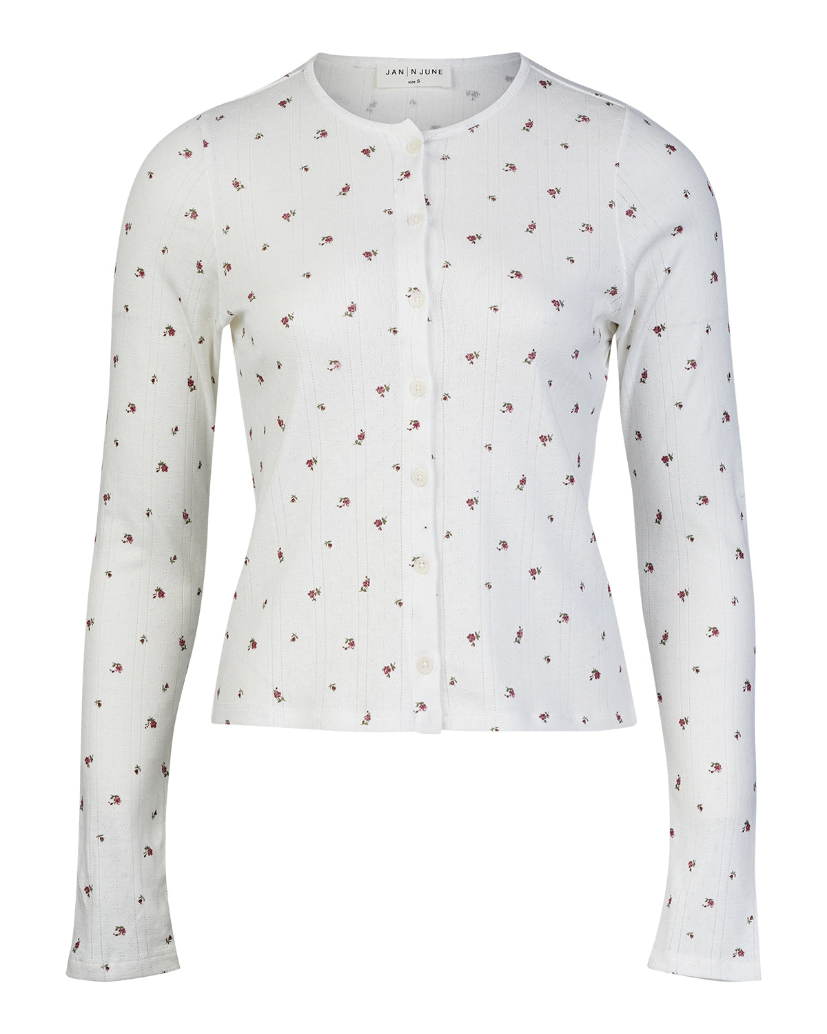 The jan-n-june POINTELLE PYJAMA BUTTONED LONGSLEEVE BLOOMY GOTS is a white, long-sleeve organic cotton cardigan with a round neckline and all-over small red floral print.