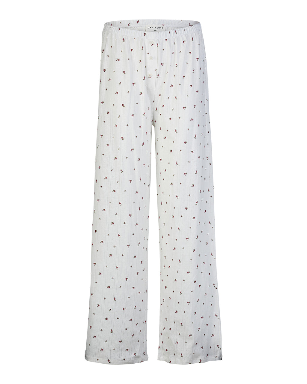 The jan-n-june POINTELLE PYJAMA PANTS BLOOMY GOTS are white, organic cotton pyjama pants with a subtle red and black print, elastic waistband, and loose straight-leg fit.