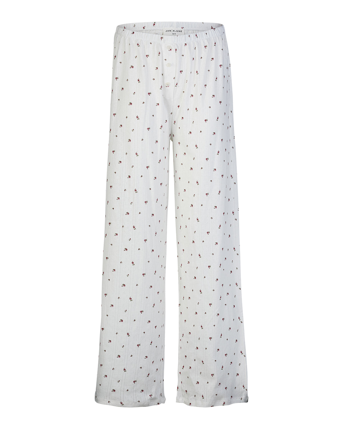The jan-n-june POINTELLE PYJAMA PANTS BLOOMY GOTS are white, organic cotton pyjama pants with a subtle red and black print, elastic waistband, and loose straight-leg fit.