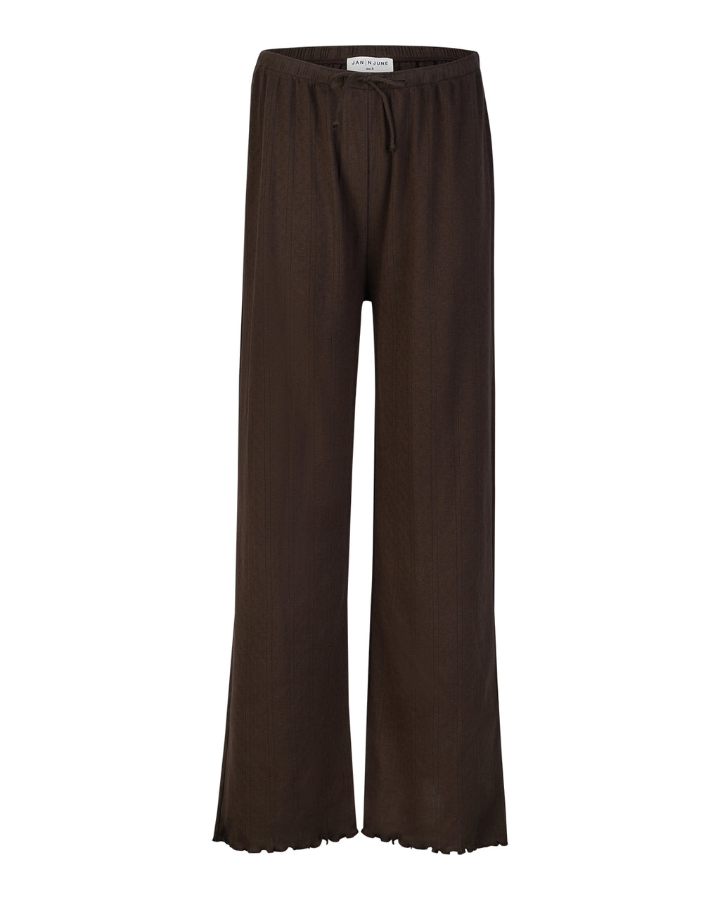 The jan-n-june POINTELLE PYJAMA PANTS CHOCOLATE GOTS are loose-fitting, organic cotton pyjama pants in dark brown with a drawstring waist and slightly flared legs, shown against a white background.