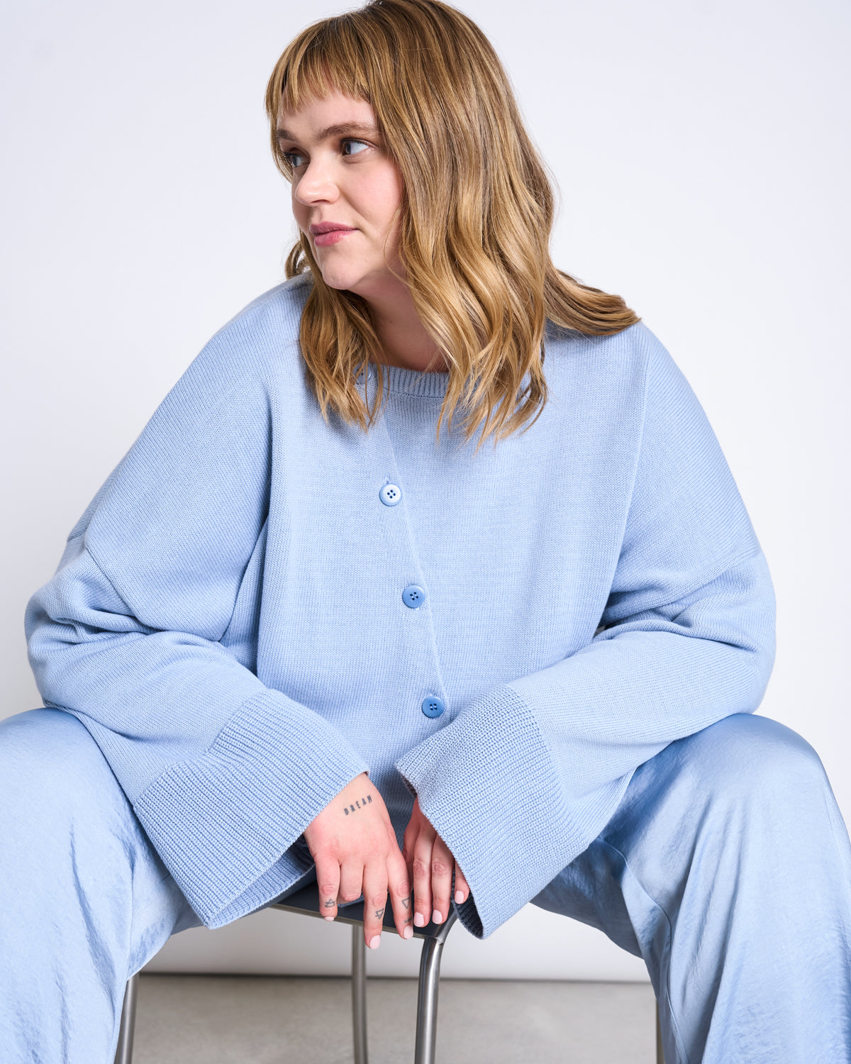 ASYMMETRCIAL KNIT CARDIGAN PEBBLE MID BLUE GOTS Cardigan jan-n-june 1