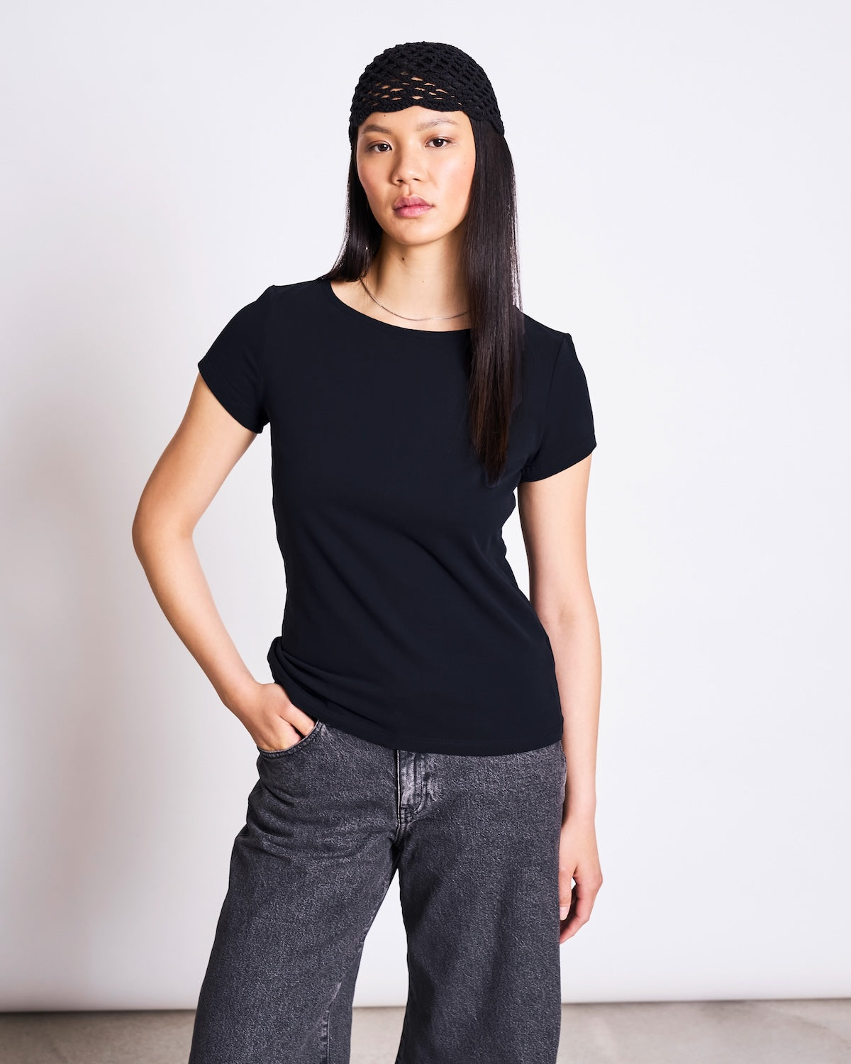 BRUSHED BOAT NECK T-SHIRT OTTO SOFT BLACK GOTS