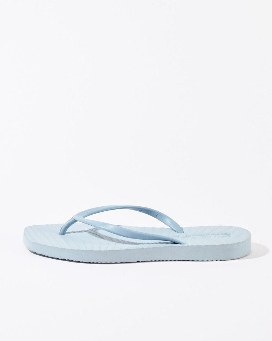 The jan-n-june SLEEPERS TAPERED FLIP FLOPS in Angel Blue feature a simple thong strap and are crafted from biodegradable materials—a stylish, eco-friendly choice shown against a plain white background.