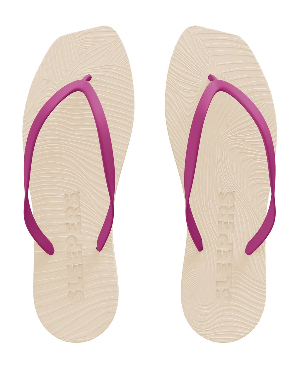 A pair of SLEEPERS TAPERED FLIP FLOPS EGGNOG FUCSIA by jan-n-june featuring beige natural rubber soles with a textured finish and magenta straps, placed side by side. SLEEPERS is embossed on each sole.