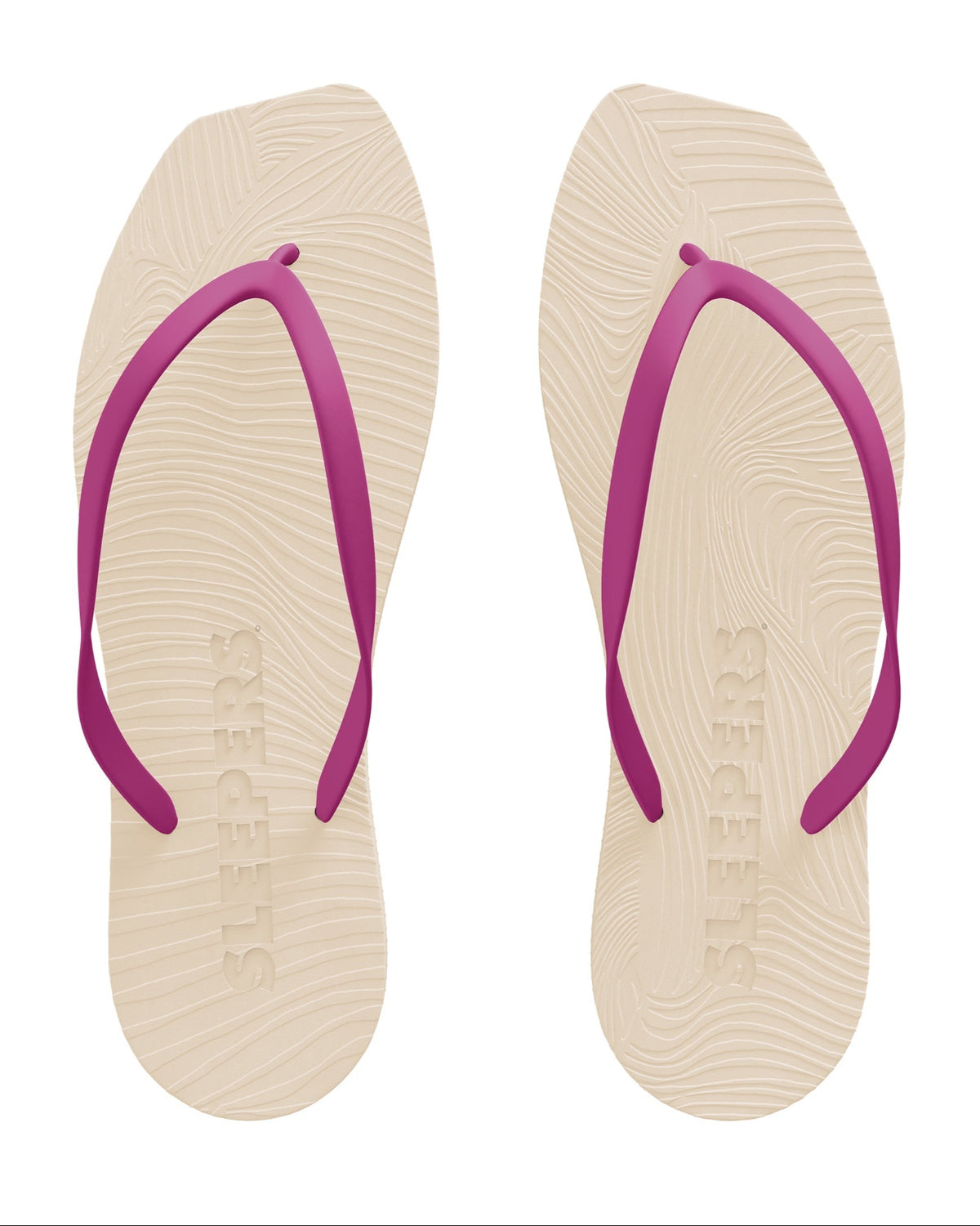 A pair of SLEEPERS TAPERED FLIP FLOPS EGGNOG FUCSIA by jan-n-june featuring beige natural rubber soles with a textured finish and magenta straps, placed side by side. SLEEPERS is embossed on each sole.