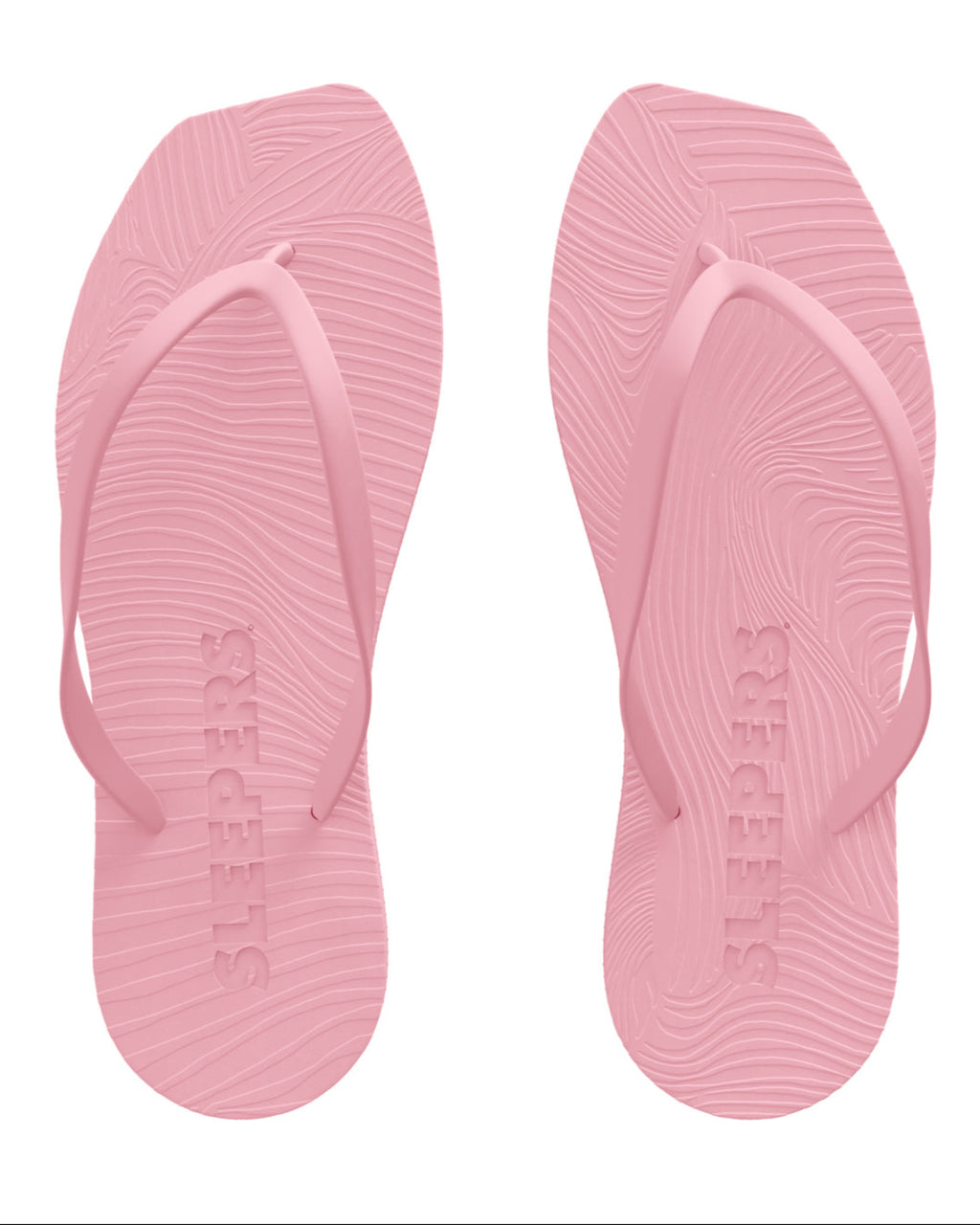 A pair of SLEEPERS TAPERED FLIP FLOPS PINK SORBET by jan-n-june, made from natural rubber with textured soles and STEPS imprinted on each footbed, shown from above on a white background.