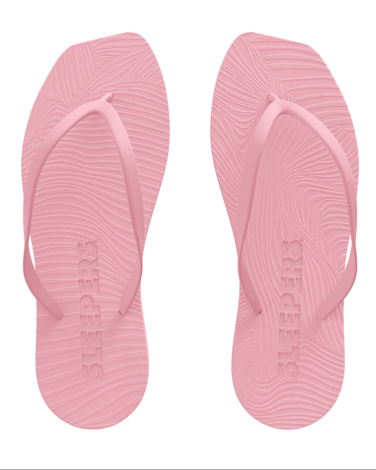 A pair of SLEEPERS TAPERED FLIP FLOPS PINK SORBET by jan-n-june, made from natural rubber with textured soles and STEPS imprinted on each footbed, shown from above on a white background.