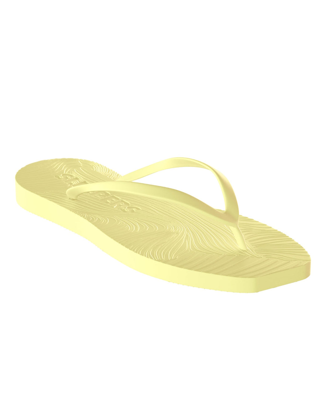 The jan-n-june SLEEPERS TAPERED FLIP FLOPS in Mellow Yellow is a single biodegradable sandal with a textured footbed, displayed on a white background.