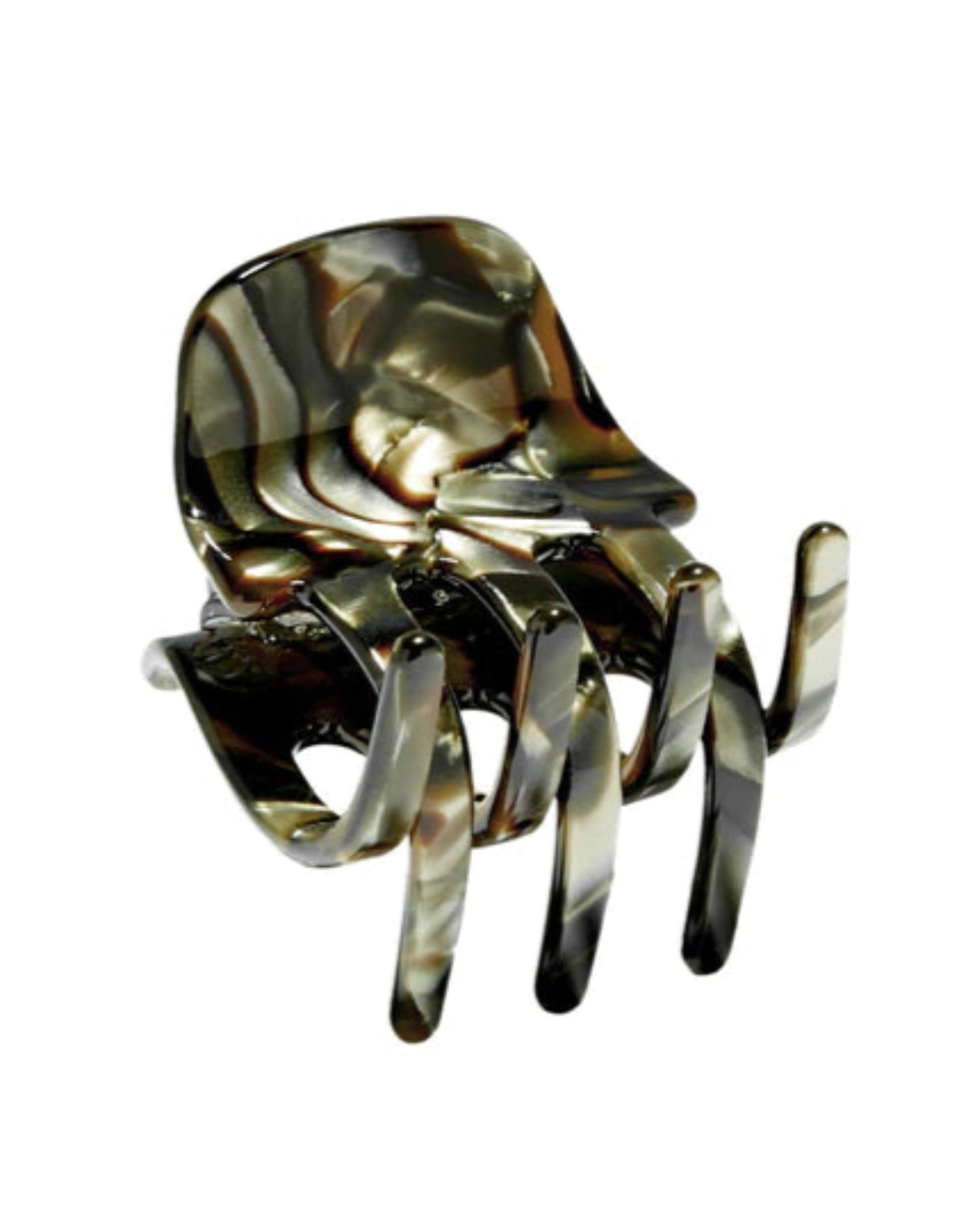 The MINI CLAW MIDNIGHT HORN by jan-n-june is a marbled brown and white plastic hair claw, handcrafted in Italy with a curved open design and multiple prongs, shown against a white background.