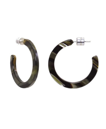 The jan-n-june MINI HOOPS MIDNIGHT HORN are round, semi-thick mini hoops with a marbled dark green and black pattern, featuring silver posts and clear backings—sustainable earrings for your accessory collection. Displayed on a white background.