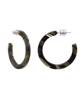 The jan-n-june MINI HOOPS MIDNIGHT HORN are round, semi-thick mini hoops with a marbled dark green and black pattern, featuring silver posts and clear backings—sustainable earrings for your accessory collection. Displayed on a white background.