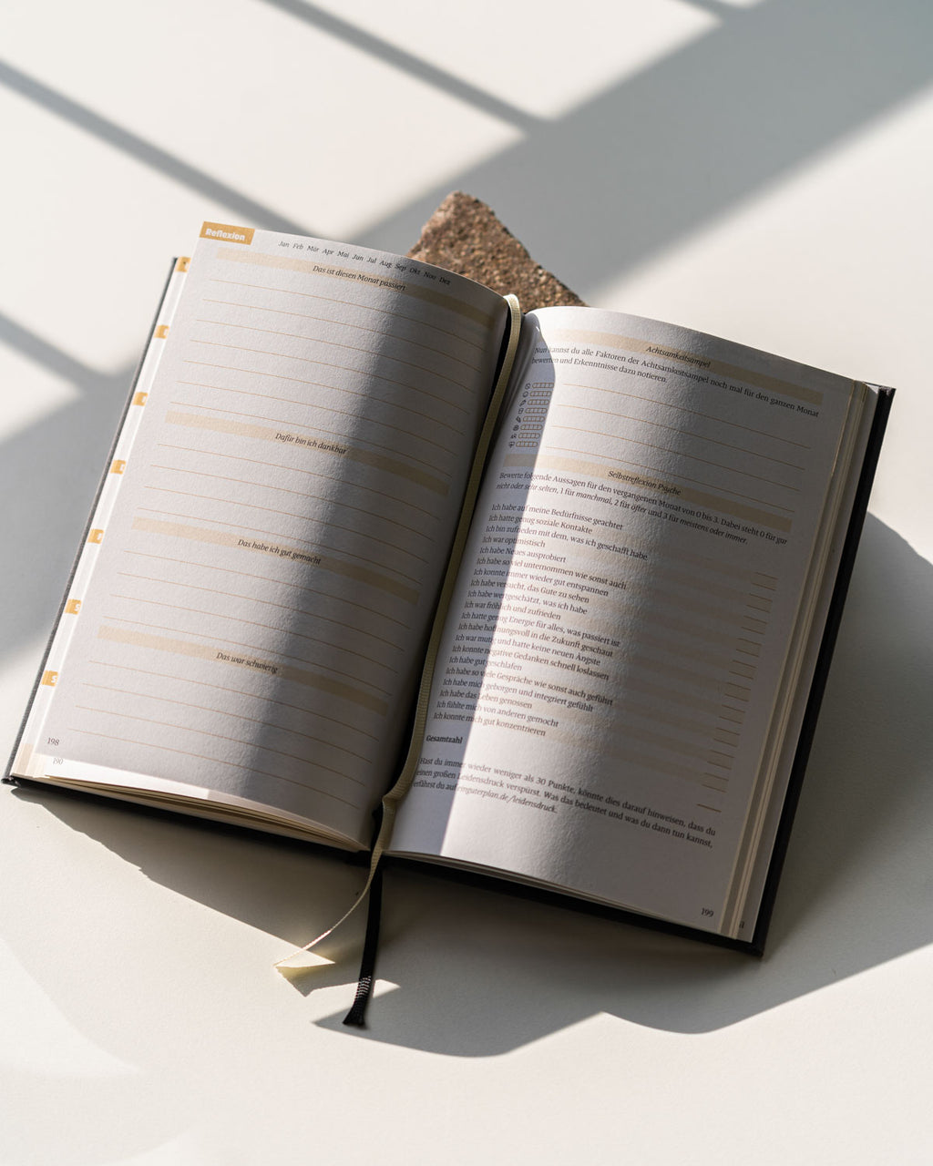 The jan-n-june KALENDER EIN GUTER PLAN FLAMINGO UNDATED lies open on a white surface under natural light. Its pages show lined notes and printed text, while a bookmark and ribbon invite mindfulness and reflection.